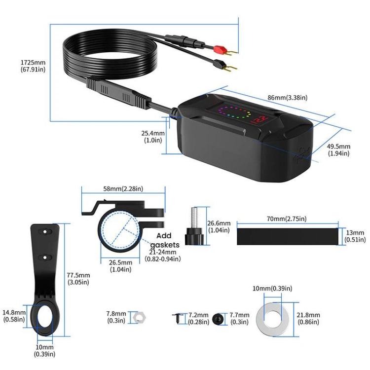 Black motorcycle charging unit with coiled retractable USB-C cable and compact profile