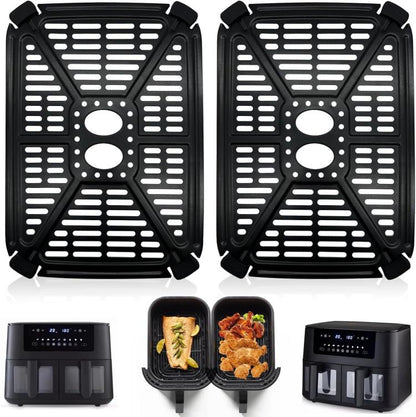 Black dual-basket air fryer crisper tray and drip pan set, two square inserts