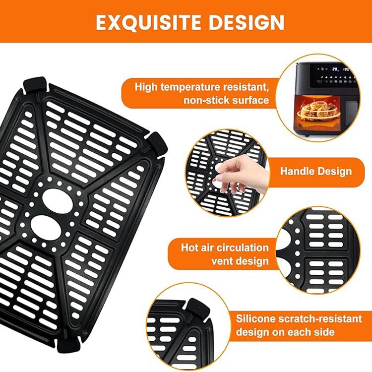Black air-fryer crisper tray insert with handle clips and vented ridges