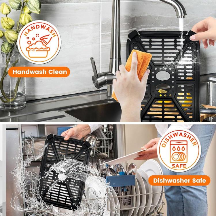 Black crisper tray insert set shown hand-washing in a sink