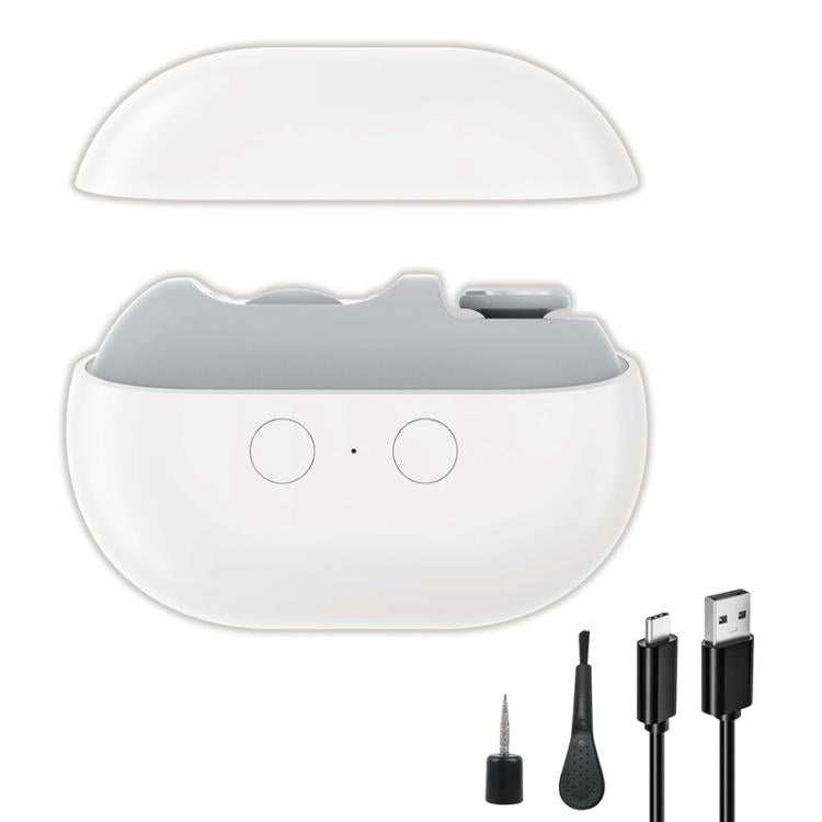 White electric nail clipper with magnetic flip cover open and polishing head base