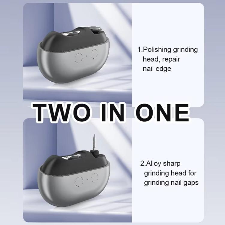 Gray electric nail clipper with magnetic flip cover open and pointed polishing bit