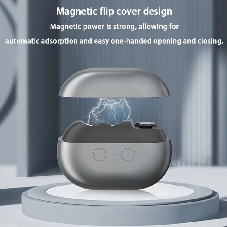 Gray electric nail clipper with flip magnetic cover open on a charging stand