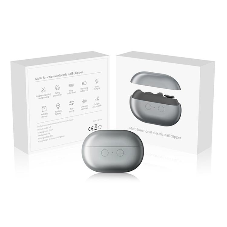 Electric nail clipper with magnetic cover shown with retail packaging boxes