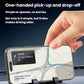 Car phone holder on stand with one-hand pick-up and drop-off clamp