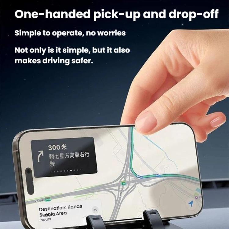 Car phone holder on stand with one-hand pick-up and drop-off clamp