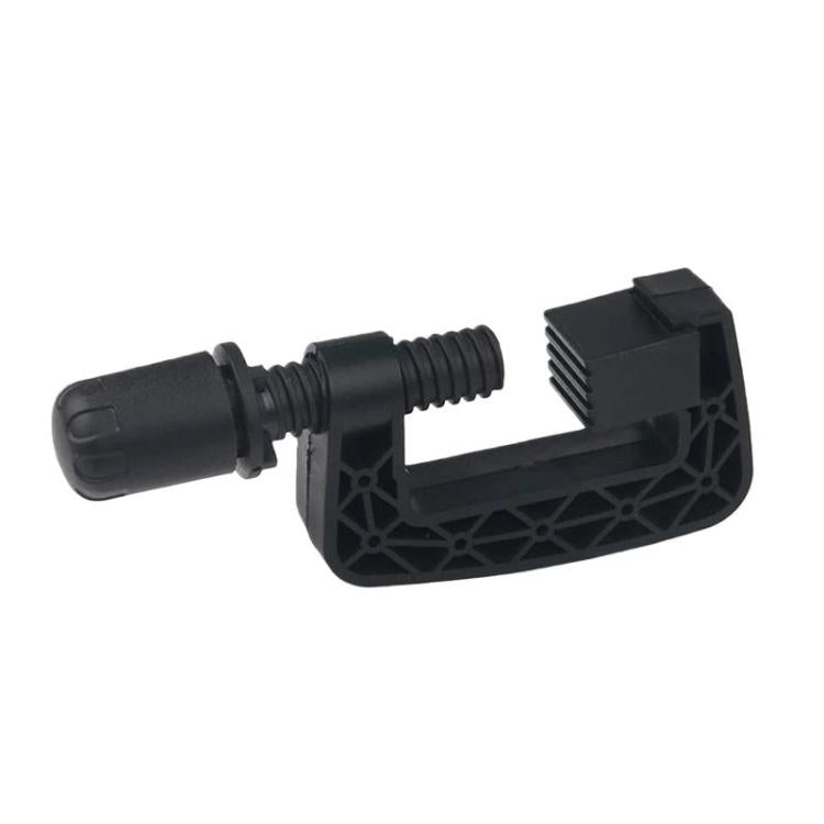 Gaming steering wheel mount clamp, black plastic, threaded knob and hook arm