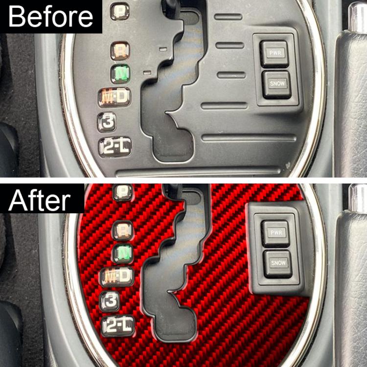 Installed gear shift panel sticker on console, red carbon fiber with cutout pattern