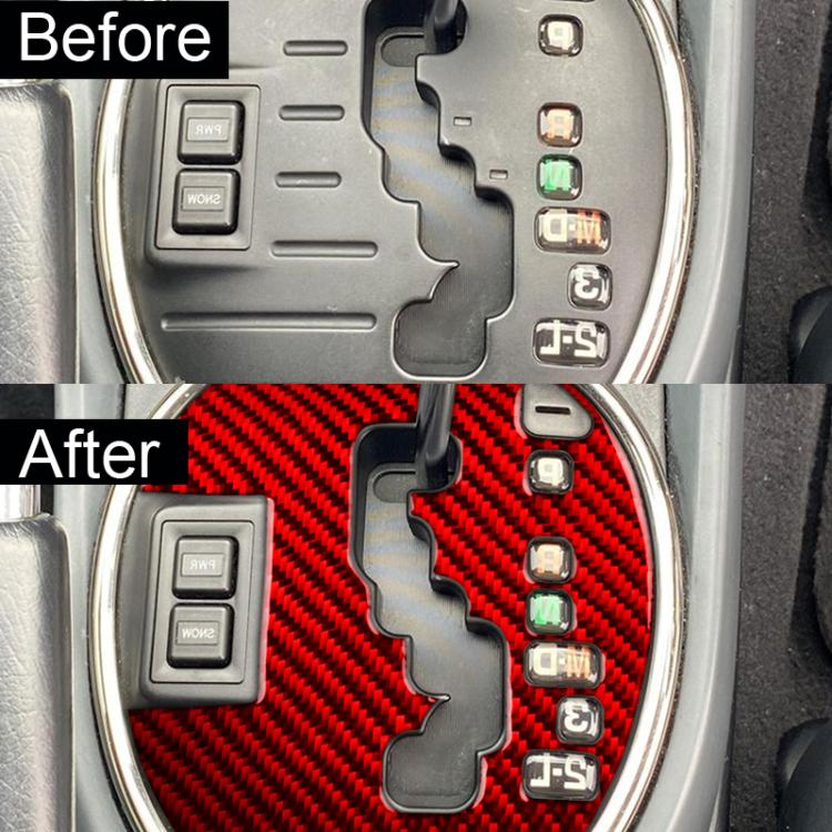 Gear shift panel overlay sticker, red carbon fiber round insert on center console