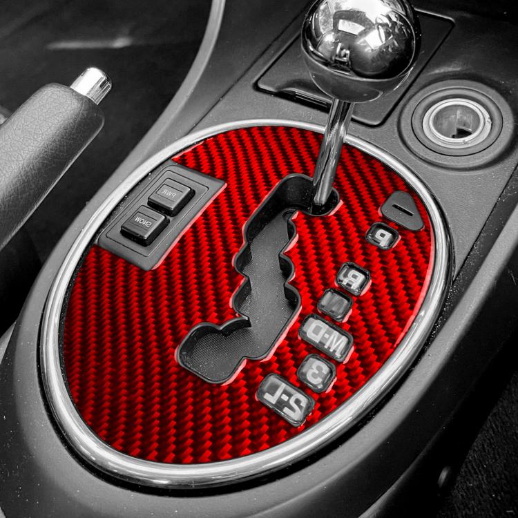Gear shift panel overlay sticker, red carbon fiber round insert with gear icons