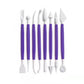 Pottery clay sculpting tools set with purple handles: carving blades, picks, and spatulas