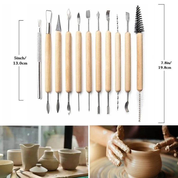 Pottery detail needle and loop tools with wooden handles, arranged with size guide