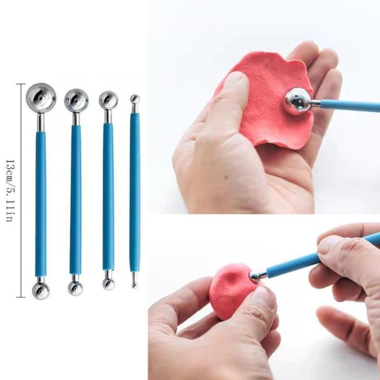 Blue-handled ceramic carving loop tools sculpting red clay, set of 4