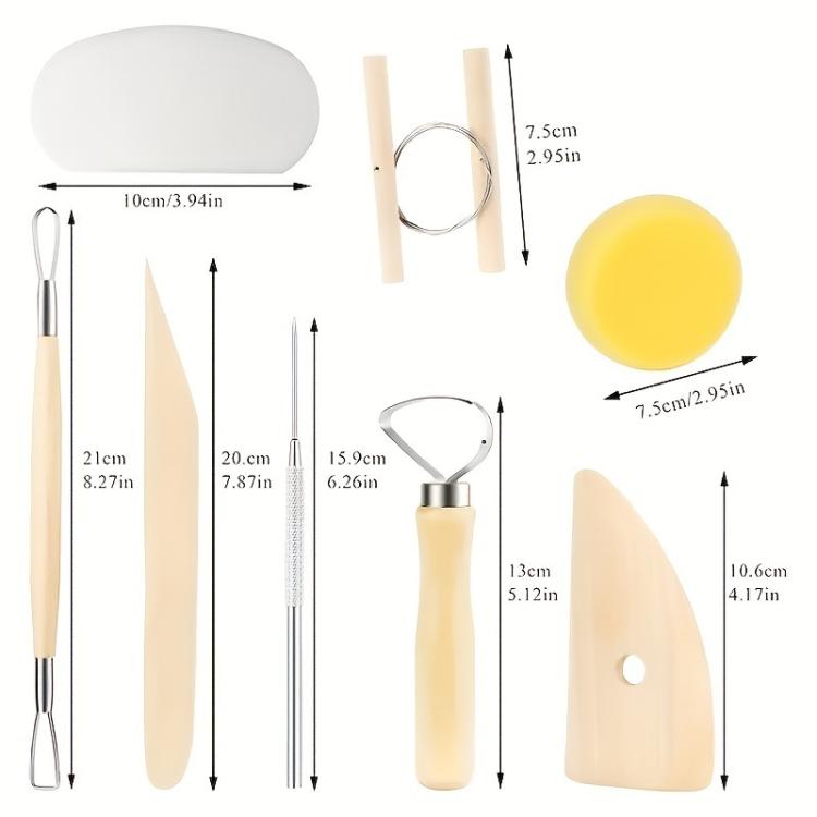 Ceramic sculpting tool parts diagram: yellow silicone pad, wooden scrapers, metal needles