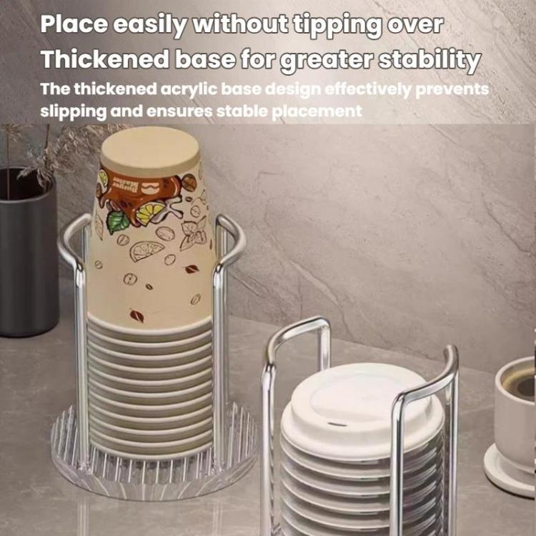Silver acrylic cup holder holding two stacks of paper cups on a clear ridged base