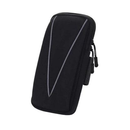Reflective running armband phone bag, black with light gray reflective stripe, zip closure