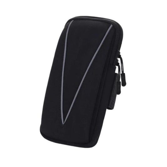 Reflective running armband phone bag, black with light gray reflective stripe, zip closure