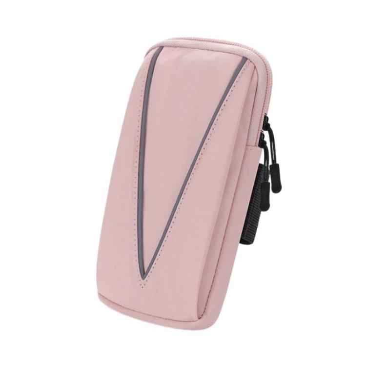Reflective running armband phone bag, pink with light reflective stripe, zip closure