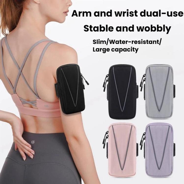 Reflective armband phone bag worn on arm; black, gray, and pink options shown
