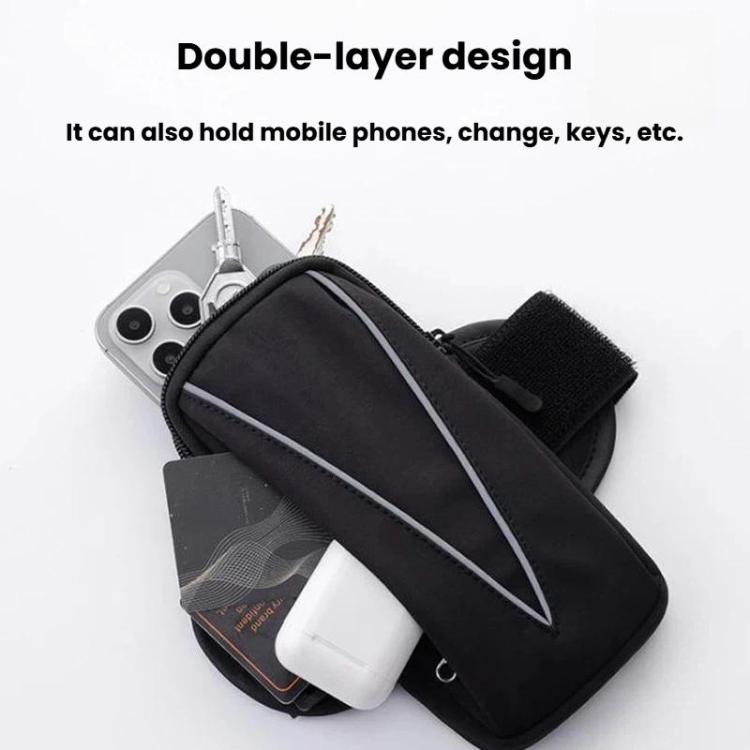 Reflective waterproof armband phone bag, black, double-layer design with open interior