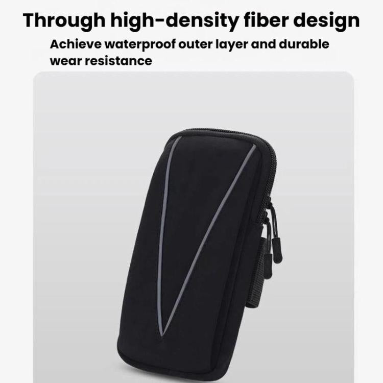 Reflective waterproof armband phone bag, black with light reflective stripe and zip closure