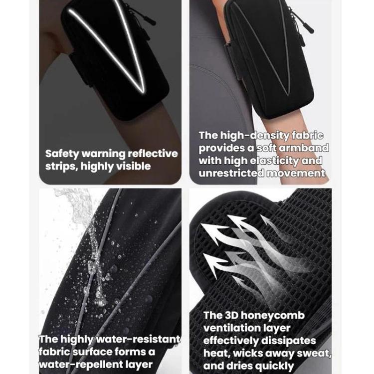 Reflective running armband phone bag showing reflective strip and honeycomb ventilation layer