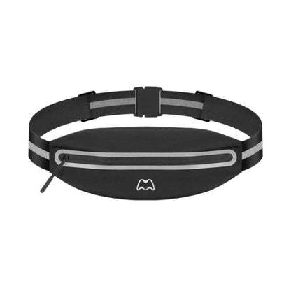 Black reflective waist pack with zippered phone pocket and adjustable strap buckle