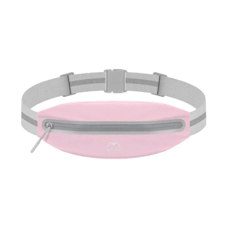 Pink waist pack with reflective strip, zippered phone pocket, and adjustable strap