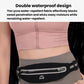 Black reflective waist pack with zippered pocket worn on a pink top