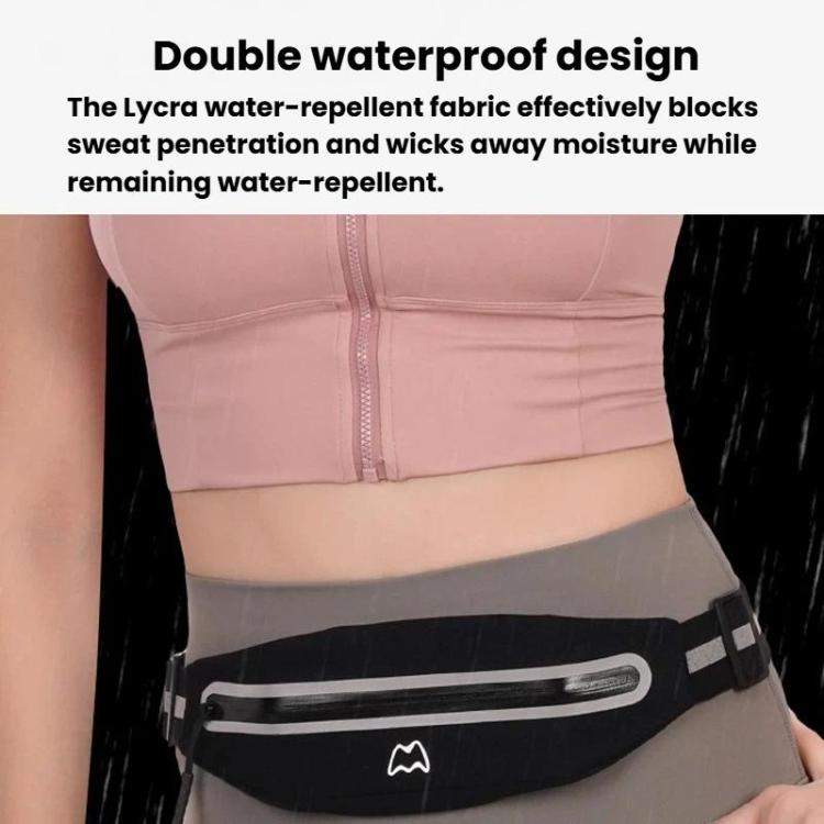 Black reflective waist pack with zippered pocket worn on a pink top