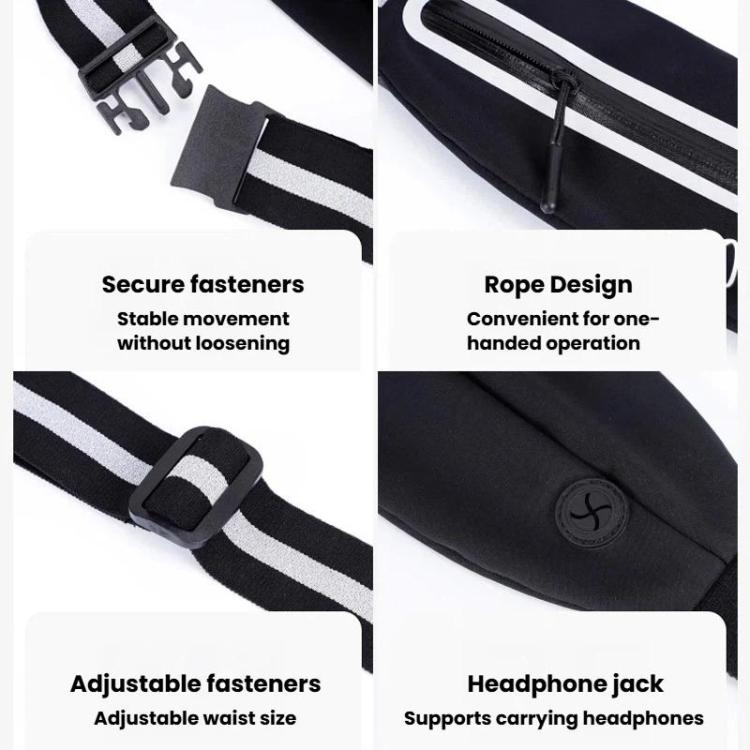 Black reflective waist pack showing adjustable belt buckle and zippered pocket