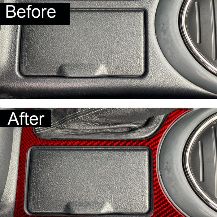 Installed red carbon-fiber cupholder frame sticker with dark rectangular insert