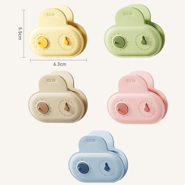 Five pastel magnetic sealing clips with date-ring dials for refrigerator food sealing