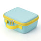 Light blue hard storage case with yellow zipper and strap handle, closed top