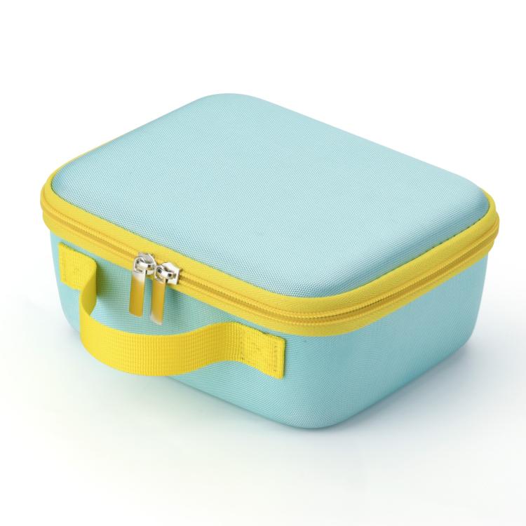 Light blue hard storage case with yellow zipper and strap handle, closed top