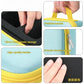Hard case close-up: yellow carry handle, smooth double zipper, textured light blue fabric