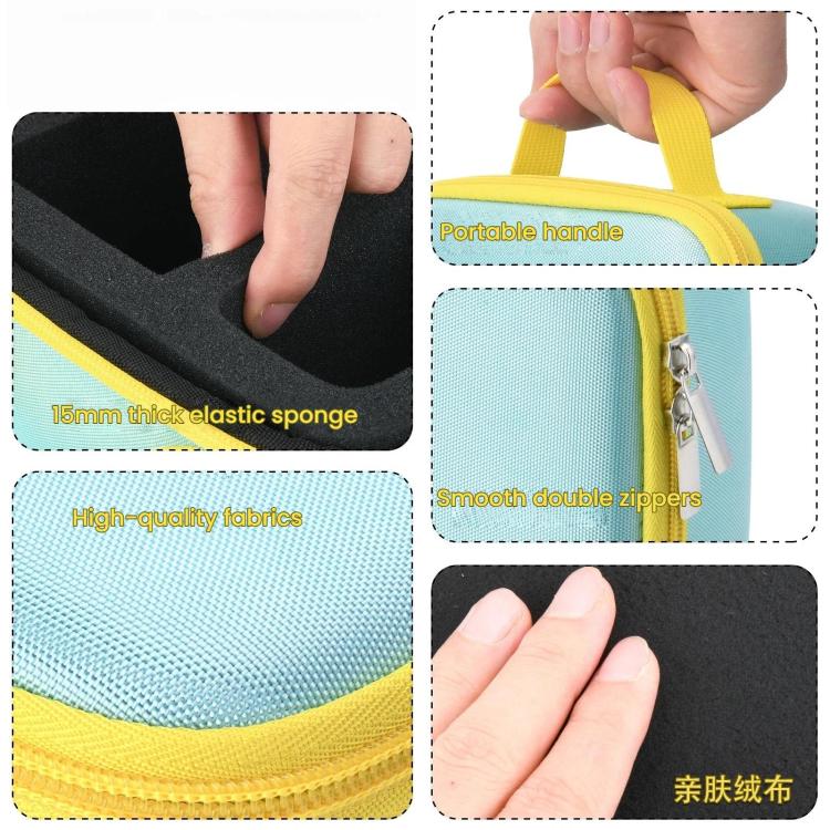 Hard case close-up: yellow carry handle, smooth double zipper, textured light blue fabric