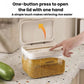 White press flip lid cereal container with one-hand button opening, showing hinged top