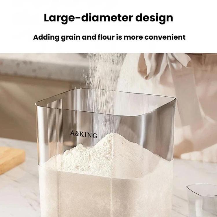 Transparent large-diameter flour container with white lid, showing fine powder inside