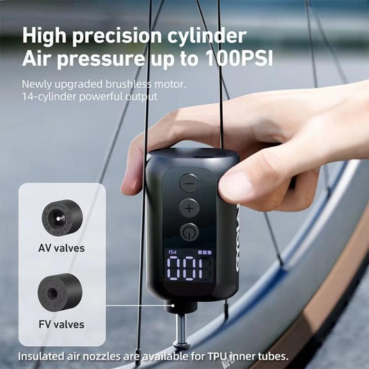Electric mini air pump with nozzle and valve adapters for inflating tires