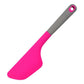 Pink silicone baking spatula with grey handle and hanging hook hole
