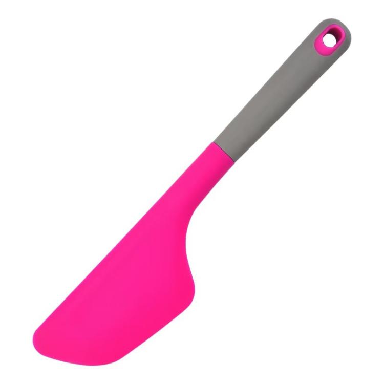 Pink silicone baking spatula with grey handle and hanging hook hole