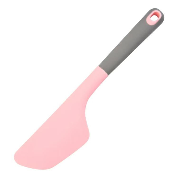 Light pink silicone baking spatula with grey handle and hanging hook hole
