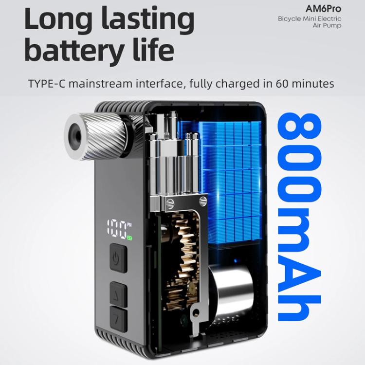 Portable electric bike air pump showing internal battery cells and valve head, AM6Pro