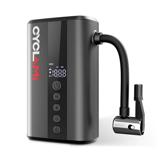 Mini electric air pump with digital display, buttons, and bicycle valve nozzle