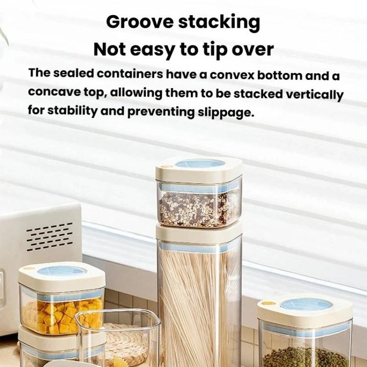 Vacuum food storage jars, clear canisters with blue lids and stackable white bases