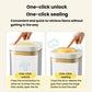 Clear vacuum food jar with blue lid, white top, and one-click seal button
