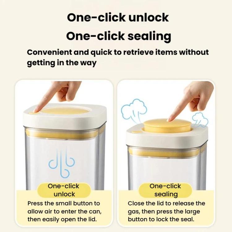 Clear vacuum food jar with blue lid, white top, and one-click seal button