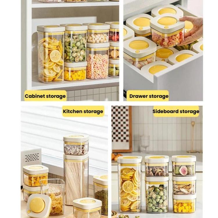 Set of vacuum food canisters with blue lids for cabinet, drawer, and sideboard storage