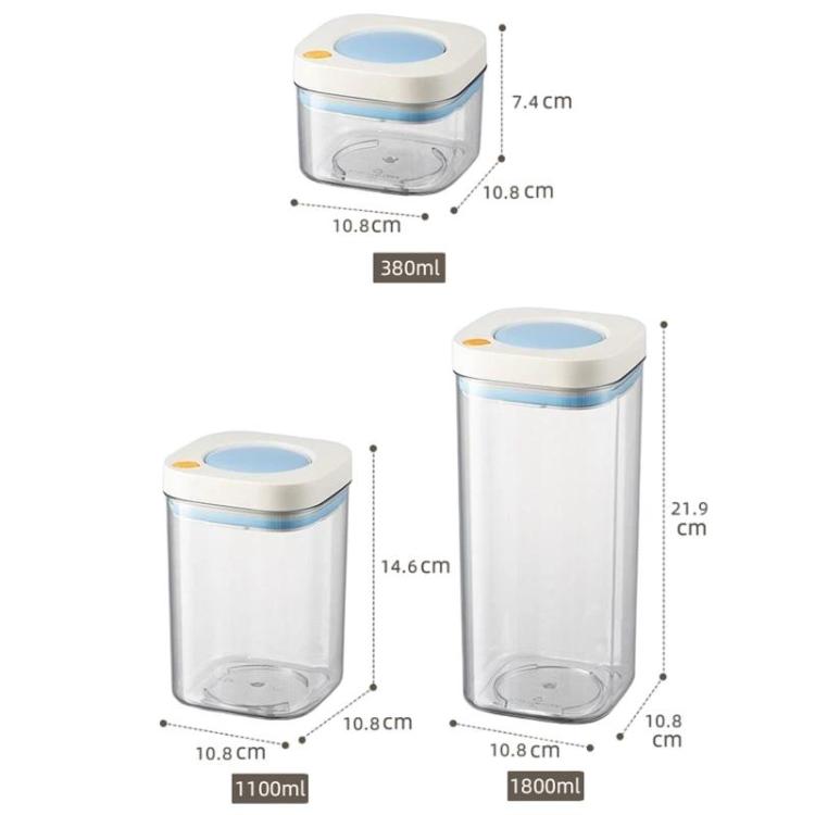 Vacuum food storage jars in 380ml, 1100ml, and 1800ml sizes with blue lids